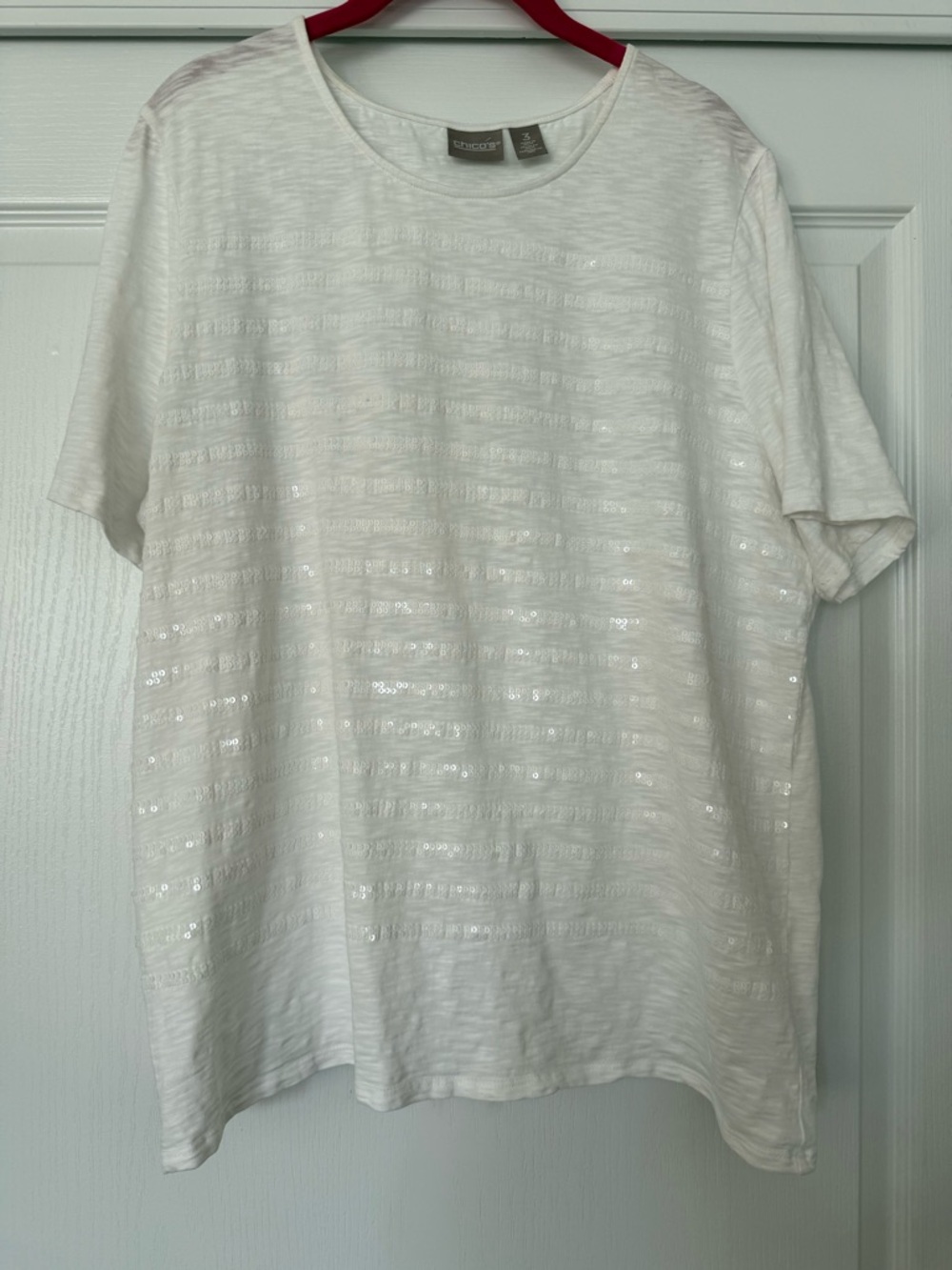 Chicos White Sequin Stripe Short-Sleeve Top